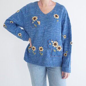 CJ Banks Blue Knit Hand Embroidered Sunflower V-Neck Cottagecore Sweater 1X